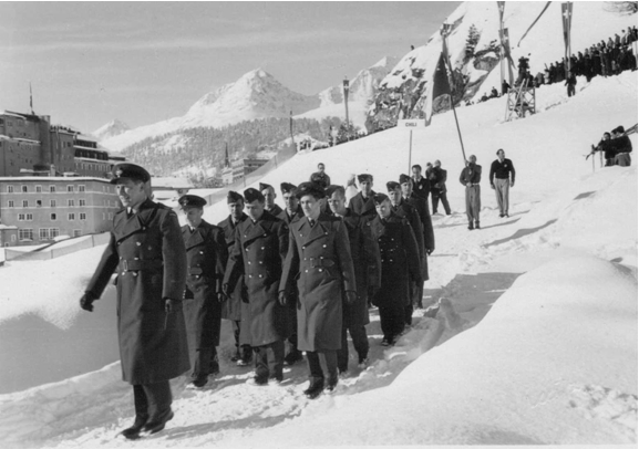 Photo: R.C.A.F. Flyers Hockey Team  Marching down to Stad Olympique at Opening Ceremonies 1948 Winter Olympics